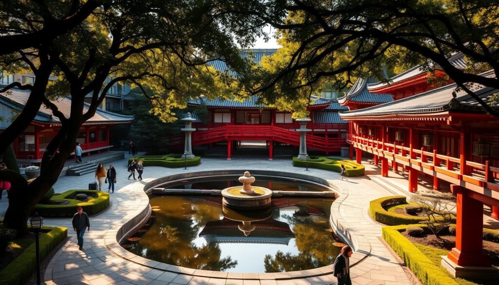 A tranquil temple courtyard nestled in the heart of Osaka, Japan. Manicured gardens and pagodas surround a serene central pond, reflected in the still waters. Visitors stroll along the stone pathways, pausing to admire the ornate architecture and towering trees that cast gentle shadows. Warm sunlight filters through the leaves, illuminating the vibrant red bridges and ancient stone lanterns. The atmosphere is one of timeless serenity, inviting contemplation and a deeper connection with the spiritual essence of this sacred space.