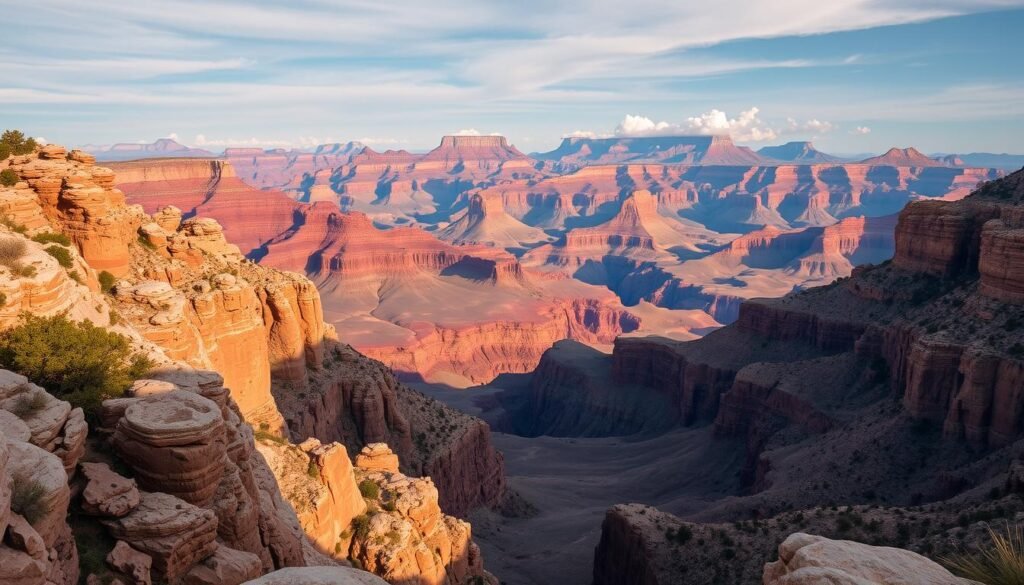A vast, awe-inspiring vista of the Grand Canyon South Rim unfolds before the viewer. In the foreground, rugged rock formations in shades of red, orange, and brown rise majestically, their intricate textures and shadows captured in crisp detail. The middle ground reveals the sweeping expanse of the canyon, with its deep, winding gorges and dramatic cliffs. Bathed in warm, golden light, the scene evokes a sense of timeless grandeur and natural wonder. In the distant background, the horizon is dotted with towering, cloud-capped peaks, adding to the epic scale of the landscape. The image is framed by a wide-angle lens, conveying a sense of immersion and scale, inviting the viewer to explore the breathtaking vistas of this iconic American destination.