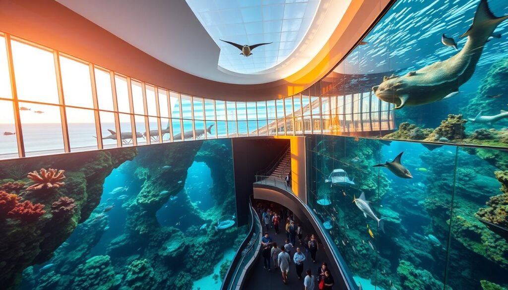 A vast, expansive aquarium nestled along the vibrant coastline of Long Beach, California. The exterior features a modern, sleek architectural design, with floor-to-ceiling windows that offer breathtaking views of the Pacific Ocean. The interior is filled with an array of awe-inspiring marine life, from vibrant coral reefs to towering kelp forests, all illuminated by warm, natural lighting that filters through the panoramic windows. Visitors stroll through immersive underwater tunnels, surrounded by schools of tropical fish and majestic manta rays gliding overhead. The atmosphere is serene and captivating, inviting guests to explore the wonders of the ocean and connect with the beauty of the coastal environment.