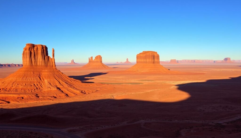 A vast, iconic landscape of the American Southwest, Monument Valley features towering sandstone buttes and mesas that rise dramatically against a clear blue sky. In the foreground, rugged, wind-sculpted formations cast long shadows on the ochre-colored desert floor. In the middle distance, the famous Mitten Buttes and Merrick Butte stand tall, their distinctive shapes silhouetted by the warm, golden light of the setting sun. The background reveals layers of distant mesas and plateaus, their subtle hues of red, orange, and purple blending seamlessly with the expansive horizon. This majestic, timeless scene evokes the grandeur and tranquility of the Southwest, perfectly capturing the essence of this renowned natural wonder.