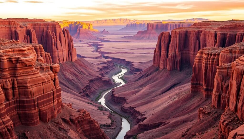 A vast, majestic canyon landscape in southern Utah, bathed in the warm glow of the setting sun. In the foreground, towering red sandstone cliffs and buttes rise dramatically, their intricate patterns and textures carved by millennia of erosion. The middle ground features a winding river cutting through the desert floor, its waters reflecting the rich hues of the surrounding rock formations. In the distance, layers of craggy, weathered peaks stretch towards the horizon, their silhouettes set against a vibrant, orange-tinged sky. The scene conveys a sense of timeless grandeur and the awe-inspiring power of nature, perfectly encapsulating the essence of Utah's renowned "Canyon Country."