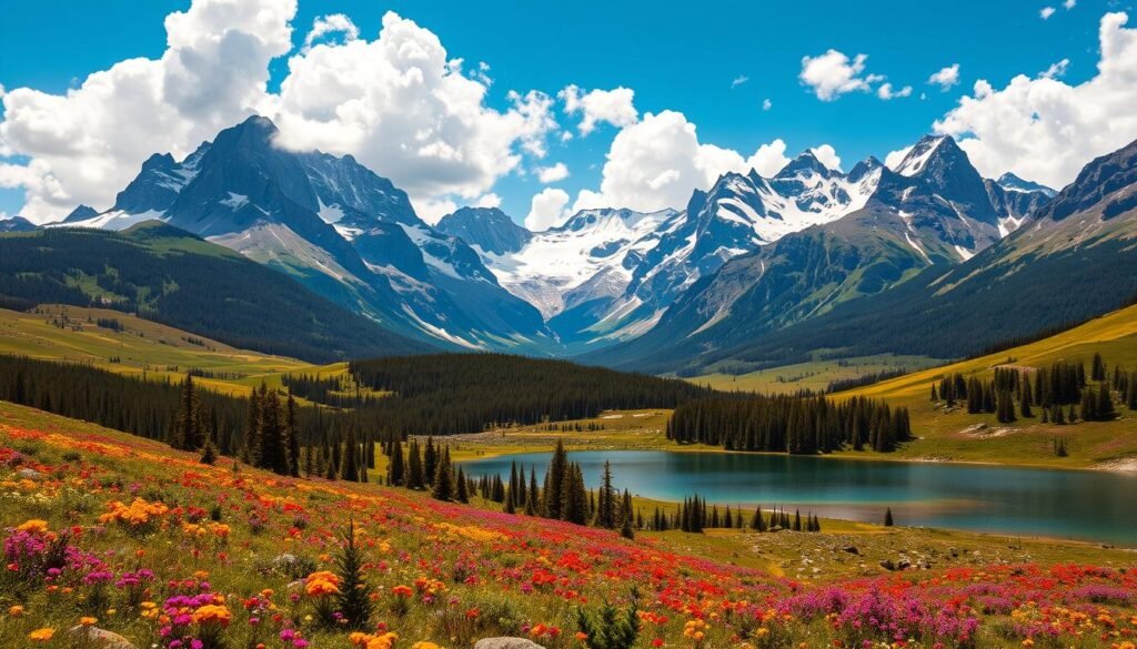 A vast, majestic national park landscape bathed in the warm glow of the May sun. In the foreground, a crystal-clear alpine lake reflects the towering snow-capped peaks that rise up on the horizon. Lush green forests and meadows filled with vibrant wildflowers cover the rolling hills in the middle ground. The background is dominated by a stunning mountain range, its jagged, rugged silhouette set against a brilliant azure sky with fluffy white clouds. The scene is illuminated by soft, diffused natural lighting, creating a sense of tranquility and wonder. Captured with a wide-angle lens to showcase the grandeur of the setting, this image exudes the beauty and splendor of a national park in its prime season.