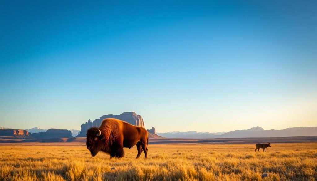 A vast, rolling prairie under a boundless, azure sky. In the foreground, a herd of majestic bison grazes, their shaggy coats illuminated by the warm, golden light of the setting sun. Towering bluffs and distant, snow-capped peaks frame the scene, creating a sense of scale and grandeur. The air is crisp and still, with a hint of wildflowers on the breeze. A lone coyote patrols the horizon, silhouetted against the vibrant colors of dusk. This is the American Prairie Reserve, a haven of natural beauty and untamed wilderness, where visitors can immerse themselves in the timeless majesty of the Great Plains.