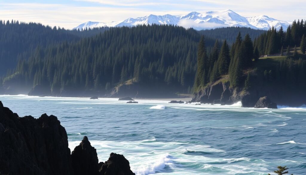 A vast, rugged landscape of Vancouver Island unfolds, where the wild Pacific Ocean meets ancient rainforests. In the foreground, jagged cliffs plunge into the churning waves, their craggy outlines silhouetted against the horizon. Towering evergreens, their lush canopies shimmering in the dappled sunlight, populate the middle ground, hinting at the dense, primeval wilderness inland. In the distance, snowcapped mountains rise, their peaks cloaked in a mystical mist, creating a serene and awe-inspiring backdrop. The scene exudes a sense of untamed beauty, inviting the viewer to explore this natural wonder of Canada's West Coast. A vast, rugged landscape of Vancouver Island unfolds, where the wild Pacific Ocean meets ancient rainforests. In the foreground, jagged cliffs plunge into the churning waves, their craggy outlines silhouetted against the horizon. Towering evergreens, their lush canopies shimmering in the dappled sunlight, populate the middle ground, hinting at the dense, primeval wilderness inland. In the distance, snowcapped mountains rise, their peaks cloaked in a mystical mist, creating a serene and awe-inspiring backdrop. The scene exudes a sense of untamed beauty, inviting the viewer to explore this natural wonder of Canada's West Coast.