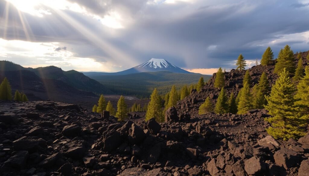 A vast, rugged landscape of volcanic origins, Newberry National Volcanic Monument in the Deschutes National Forest. Towering obsidian flows and craggy lava rocks dominate the foreground, their dark hues contrasted by the vibrant greens of surrounding pines. In the middle distance, the majestic Newberry Volcano rises, its snow-capped peak reaching towards the heavens under a dramatic, cloud-streaked sky. Rays of golden sunlight filter through, casting a warm, ethereal glow over the entire scene. Rugged and primordial, this image evokes a sense of primal wonder and the raw, untamed power of nature.