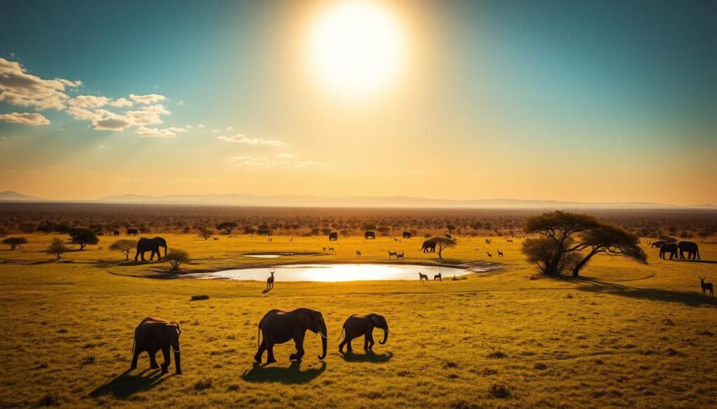 A vast savanna landscape under a golden, sun-drenched sky. In the foreground, a small herd of elephants ambles across the lush, verdant grasslands, their massive bodies casting long shadows. The middle ground reveals a shimmering watering hole, surrounded by acacia trees and dotted with grazing zebras and gazelles. In the distance, the silhouettes of distant hills and mountains rise, hazy and dreamlike. The scene is bathed in a warm, cinematic lighting, captured through the lens of a wide-angle camera, immersing the viewer in the grandeur and timeless beauty of the African wilderness during the prime safari season.