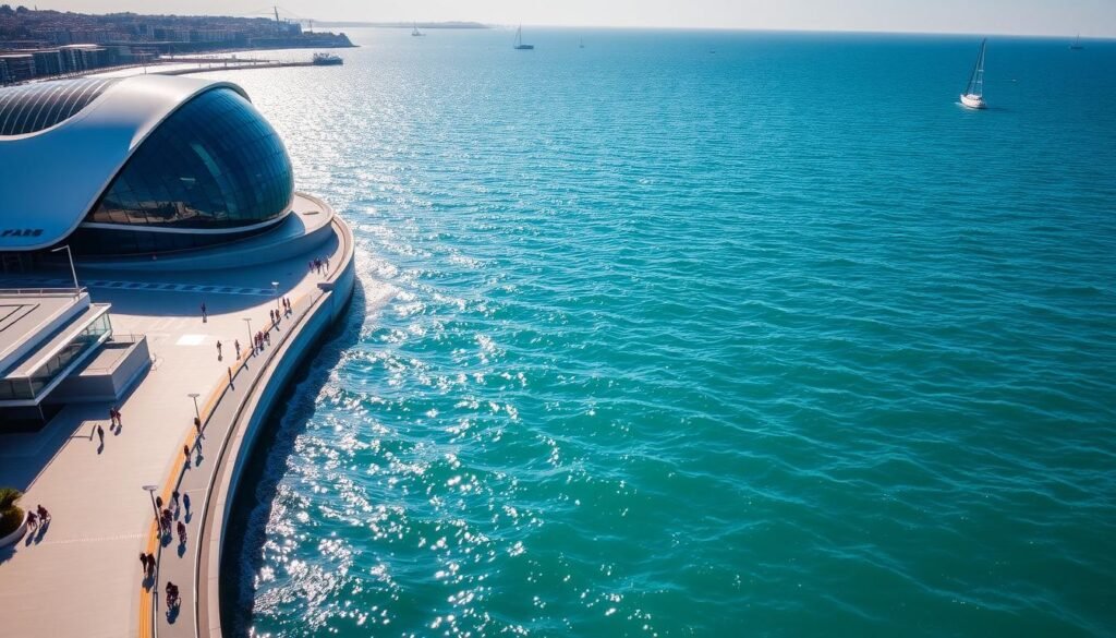 A vast, shimmering expanse of turquoise waters, gently lapping against the sleek, modern architecture of Lisbon's Parque das Nações. In the foreground, the majestic Lisbon Oceanarium rises, its glass facade reflecting the sun's rays and the ever-changing hues of the sea. The middle ground features a bustling promenade, with people strolling, cycling, and enjoying the oceanfront views. In the background, the horizon is dotted with sailboats and yachts, casting long shadows across the rippling surface. The overall scene exudes a sense of tranquility and urban elegance, perfectly capturing the essence of Lisbon's modern oceanfront charm.