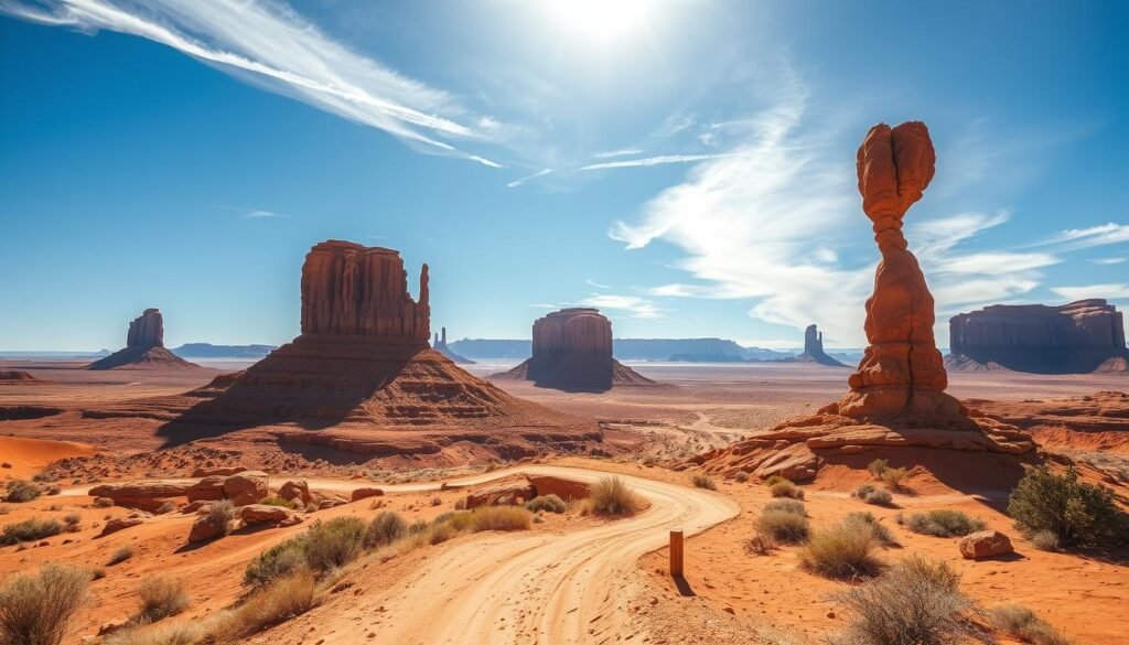 A vast, sun-drenched desert landscape, dotted with towering sandstone formations and twisted, weathered rock formations. In the foreground, a winding dirt path leads through the rugged terrain, inviting exploration. Distant mesas and buttes rise against a clear, azure sky, casting long shadows across the ochre-hued sands. Warm, golden light filters through wispy clouds, creating a dramatic, cinematic atmosphere. A wide-angle lens captures the sweeping panorama, showcasing the majestic scale and timeless beauty of this iconic national park desert scenery. A vast, sun-drenched desert landscape, dotted with towering sandstone formations and twisted, weathered rock formations. In the foreground, a winding dirt path leads through the rugged terrain, inviting exploration. Distant mesas and buttes rise against a clear, azure sky, casting long shadows across the ochre-hued sands. Warm, golden light filters through wispy clouds, creating a dramatic, cinematic atmosphere. A wide-angle lens captures the sweeping panorama, showcasing the majestic scale and timeless beauty of this iconic national park desert scenery.