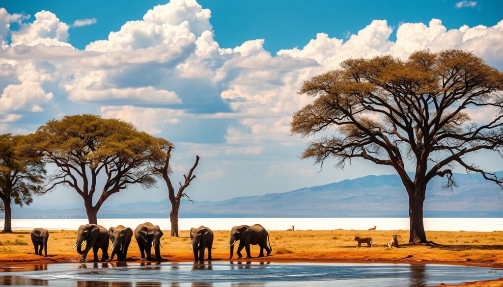 A vast, sun-drenched savanna stretches across the Etosha National Park, Namibia. In the foreground, a herd of majestic elephants drink from a tranquil waterhole, their trunks reaching for the life-giving liquid. Towering, sun-dappled camel thorn trees dot the middle ground, providing shade and shelter for a pride of lions resting in the dappled light. In the distance, the horizon is dominated by the shimmering white expanse of the Etosha Pan, a vast salt flat that becomes a critical watering hole during the dry season, drawing in a diverse array of wildlife. The sky is a deep azure, with fluffy white clouds drifting overhead, illuminating the scene with a warm, golden glow that evokes the timeless, untamed spirit of this iconic African landscape.