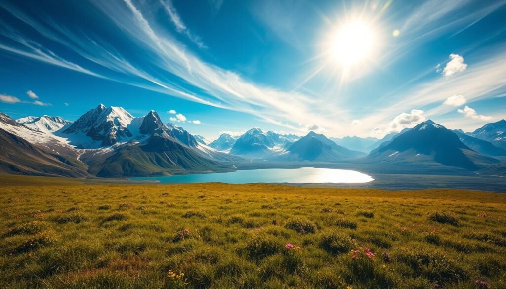 A vast, sweeping landscape of towering mountains capped in pristine snow, their peaks piercing the boundless azure sky. In the foreground, a rolling meadow blanketed in lush, verdant grass, dotted with vibrant wildflowers. Sunlight filters through wispy clouds, casting a warm, golden glow across the scene. In the middle distance, a shimmering alpine lake reflects the majestic peaks, its turquoise waters calm and serene. The air is crisp and invigorating, inviting the viewer to breathe deeply and immerse themselves in the grandeur of this natural wonder. Captured through the lens of a wide-angle camera, this panoramic vista epitomizes the rugged beauty and boundless adventure of the Big Sky Country.
