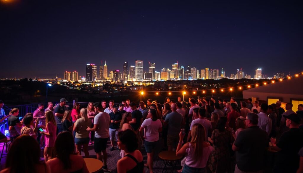 A vibrant San Diego music night, captured under the glow of warm, ambient lighting. In the foreground, a lively crowd of music enthusiasts sway and dance to the rhythmic beats of a local band, their instruments illuminated by colorful stage lights. In the middle ground, cozy outdoor seating areas invite guests to savor craft cocktails and share conversations, while the background showcases the iconic skyline of San Diego, its skyscrapers silhouetted against a dusky, star-speckled sky. The overall atmosphere exudes a lively, celebratory energy, perfectly capturing the spirit of a thrilling weekend night in this coastal city.