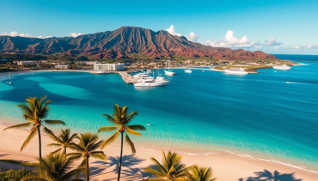 A vibrant aerial view of Kona, Hawaii, showcasing the stunning natural beauty of the region. In the foreground, crystal-clear turquoise waters and pristine white-sand beaches invite visitors to bask in the sun and swim. Towering palm trees sway gently in the warm breeze, creating a serene and tropical atmosphere. In the middle ground, the picturesque Kona Harbor bustles with colorful fishing boats, kayaks, and stand-up paddleboards, offering ample opportunities for water-based adventures. In the background, the lush, verdant slopes of the Hualalai volcano rise majestically, providing a dramatic and awe-inspiring backdrop. The scene is illuminated by warm, golden sunlight, evoking a sense of paradise and endless possibilities for exploration and relaxation.