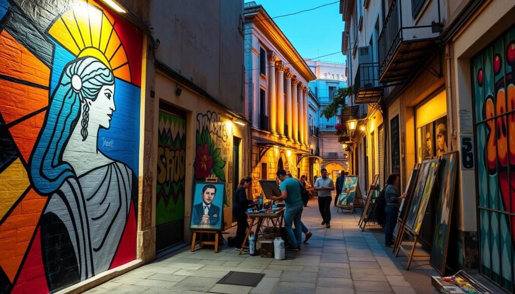 A vibrant alleyway in Athens, Greece, showcasing an array of striking street art. The foreground features a mural depicting a Greek goddess against a backdrop of bold geometric shapes and vivid colors. In the middle ground, a group of local artists work on their latest masterpieces, capturing the city's creative energy. The background reveals a glimpse of the historic architecture, with warm lighting casting an inviting glow over the scene. The overall atmosphere evokes a captivating blend of culture, art, and the lively nightlife that defines the city's unique charm. A vibrant alleyway in Athens, Greece, showcasing an array of striking street art. The foreground features a mural depicting a Greek goddess against a backdrop of bold geometric shapes and vivid colors. In the middle ground, a group of local artists work on their latest masterpieces, capturing the city's creative energy. The background reveals a glimpse of the historic architecture, with warm lighting casting an inviting glow over the scene. The overall atmosphere evokes a captivating blend of culture, art, and the lively nightlife that defines the city's unique charm.