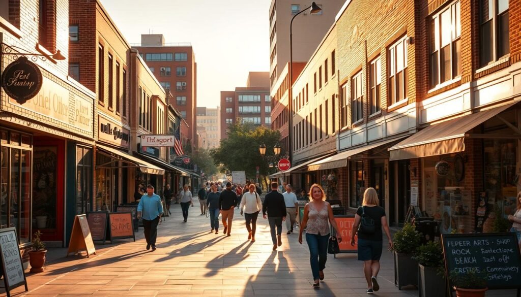 A vibrant and charming street scene in the Bishop Arts District of Dallas, Texas. In the foreground, a row of local boutique shops and galleries line the sidewalks, their colorful facades and inviting displays beckoning passersby. In the middle ground, people stroll leisurely, window-shopping and chatting with friends. The background is a mix of historic brick buildings and modern architectural elements, bathed in warm, golden-hour sunlight that casts long shadows across the scene. The atmosphere is one of creative energy, independent spirit, and a celebration of the local community. A vibrant and charming street scene in the Bishop Arts District of Dallas, Texas. In the foreground, a row of local boutique shops and galleries line the sidewalks, their colorful facades and inviting displays beckoning passersby. In the middle ground, people stroll leisurely, window-shopping and chatting with friends. The background is a mix of historic brick buildings and modern architectural elements, bathed in warm, golden-hour sunlight that casts long shadows across the scene. The atmosphere is one of creative energy, independent spirit, and a celebration of the local community.