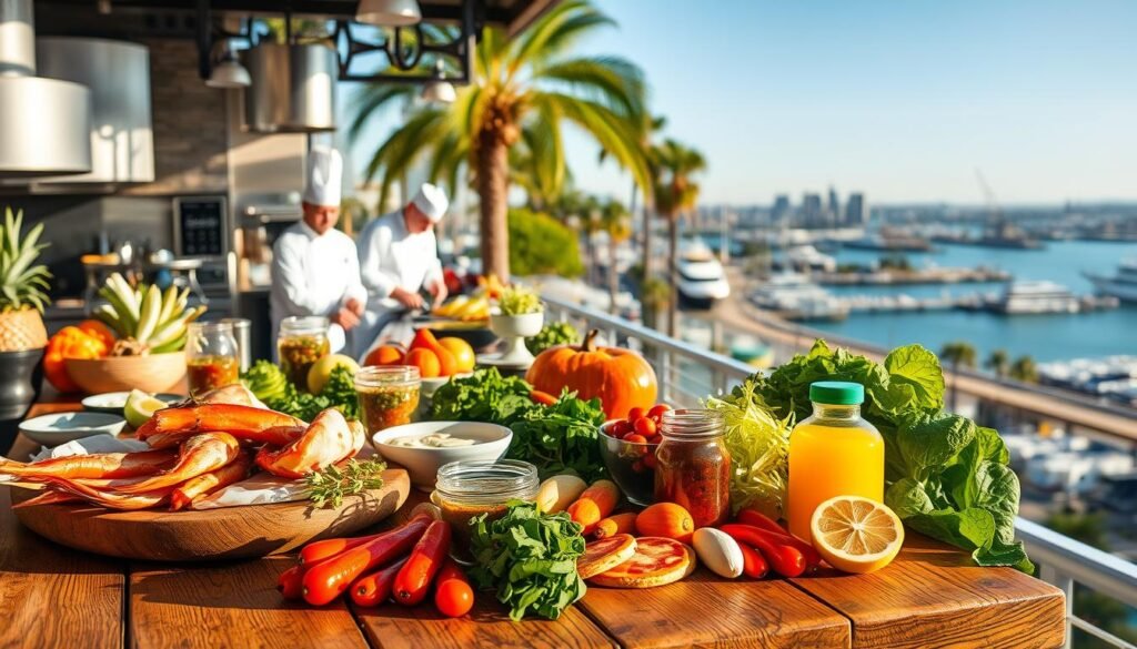 A vibrant and mouthwatering scene of San Diego's diverse culinary landscape. In the foreground, a selection of locally-sourced ingredients - fresh seafood, produce, and artisanal condiments - arranged on a rustic wooden table, casting warm, natural light. In the middle ground, chefs in crisp white uniforms can be seen preparing dishes with skillful precision, showcasing the city's renowned farm-to-table ethos. The background reveals a panoramic view of the iconic San Diego skyline, including the sparkling waters of the harbor and swaying palm trees, creating a quintessential California ambiance. The overall mood is one of celebration, creativity, and the rich flavors that make San Diego a premier dining destination.