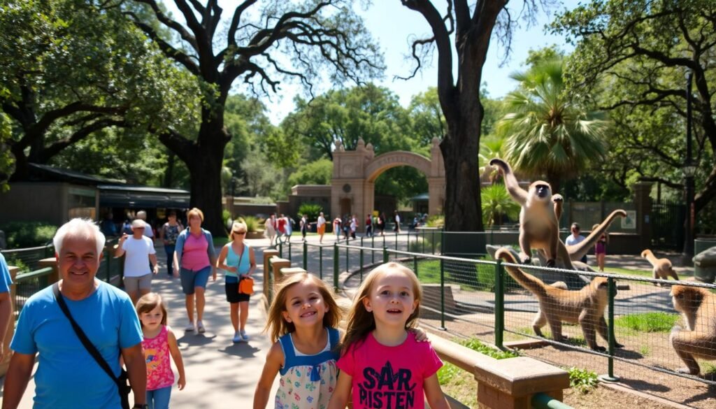 A vibrant and whimsical scene at the San Antonio Zoo, showcasing its lively family-friendly atmosphere. In the foreground, visitors stroll along the winding paths, taking in the sights of various animal enclosures. A group of children excitedly gaze at the playful primates in their habitat, their expressions brimming with wonder. In the middle ground, towering trees and lush greenery create a natural backdrop, casting dappled sunlight across the scene. In the distance, the iconic entrance archway stands tall, inviting visitors to further explore the zoo's delightful attractions. The overall composition conveys a sense of joy, adventure, and the perfect family-friendly destination. A vibrant and whimsical scene at the San Antonio Zoo, showcasing its lively family-friendly atmosphere. In the foreground, visitors stroll along the winding paths, taking in the sights of various animal enclosures. A group of children excitedly gaze at the playful primates in their habitat, their expressions brimming with wonder. In the middle ground, towering trees and lush greenery create a natural backdrop, casting dappled sunlight across the scene. In the distance, the iconic entrance archway stands tall, inviting visitors to further explore the zoo's delightful attractions. The overall composition conveys a sense of joy, adventure, and the perfect family-friendly destination.