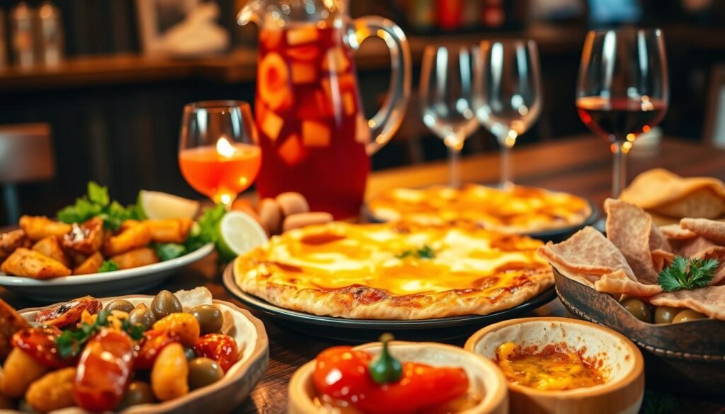 A vibrant array of traditional Spanish tapas artfully arranged on a rustic wooden table. In the foreground, an assortment of bite-sized delights - sizzling patatas bravas, juicy Iberian ham croquettes, tangy marinated olives, and tantalizing pimientos de Padrón. The middle ground features a plate of hearty tortilla española, drizzled with rich, golden olive oil. In the background, a chilled pitcher of classic sangria and a few half-empty wine glasses evoke the lively, convivial atmosphere of a Madrid tapas bar. Warm, soft lighting casts a cozy, inviting glow over the scene, capturing the spirit of Spanish culinary culture and the joy of tapas hopping. A vibrant array of traditional Spanish tapas artfully arranged on a rustic wooden table. In the foreground, an assortment of bite-sized delights - sizzling patatas bravas, juicy Iberian ham croquettes, tangy marinated olives, and tantalizing pimientos de Padrón. The middle ground features a plate of hearty tortilla española, drizzled with rich, golden olive oil. In the background, a chilled pitcher of classic sangria and a few half-empty wine glasses evoke the lively, convivial atmosphere of a Madrid tapas bar. Warm, soft lighting casts a cozy, inviting glow over the scene, capturing the spirit of Spanish culinary culture and the joy of tapas hopping.
