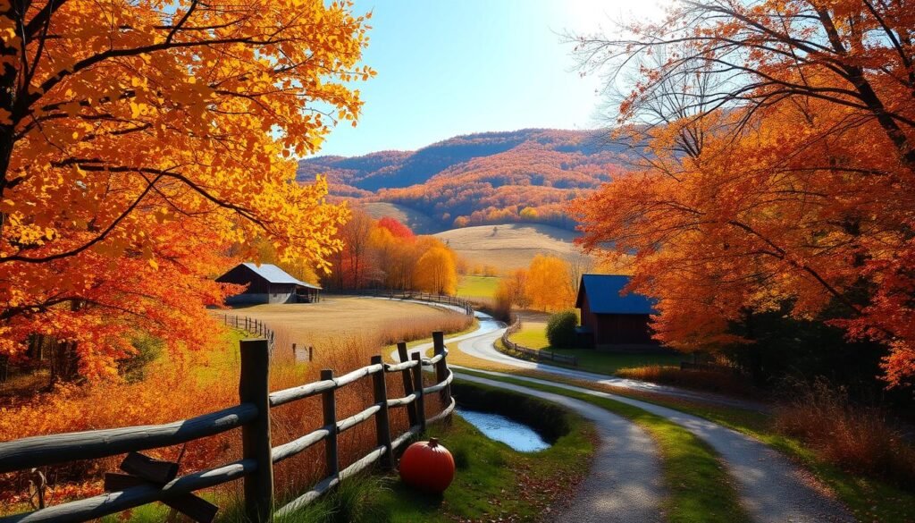A vibrant autumn landscape, a winding country road leading through a canopy of colorful foliage. Sunlight filters through the golden leaves, casting a warm glow over the scene. In the foreground, a wooden fence and a weathered barn add rustic charm. In the middle ground, a small stream reflects the vivid hues of the surrounding trees. The background features gently rolling hills, their slopes blanketed in a tapestry of red, orange, and yellow. The atmosphere is crisp and serene, inviting the viewer to step into this quintessential autumn tableau and experience the magic of the season.