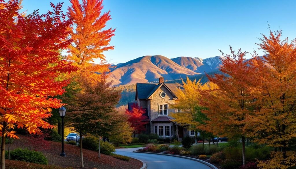 A vibrant autumn scene in the heart of Asheville, North Carolina. The foreground features a winding path lined with colorful maple, oak, and birch trees, their leaves ablaze with hues of red, orange, and gold. In the middle ground, a quaint historic building with a stone facade stands proudly, its windows reflecting the warm glow of the afternoon sun. Framing the scene, the Blue Ridge Mountains rise majestically in the background, their peaks capped with a dusting of early snow. The overall atmosphere is one of tranquility and artistic inspiration, perfectly capturing the essence of Asheville in the peak of the fall season.