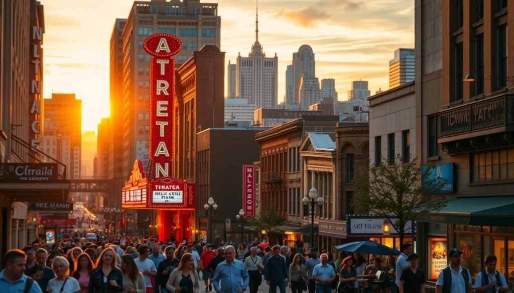A vibrant, bustling downtown scene with a focus on the arts. In the foreground, a lively street filled with pedestrians, street performers, and outdoor cafes. Mid-ground, the iconic facades of historic theaters and art galleries, their marquees and neon signs illuminating the night. In the background, a skyline of towering buildings and a glowing sunset, casting a warm, golden glow over the entire scene. Tilt-shift lens emphasizes the depth and scale, while crisp, high-contrast lighting accentuates the details and energy of this thriving arts district.