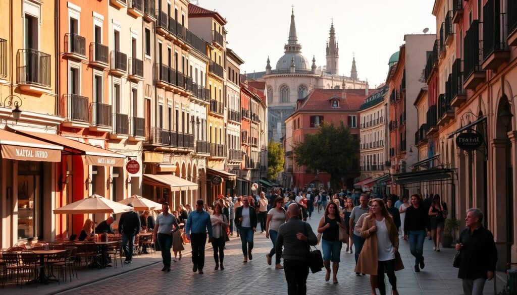 A vibrant, bustling street in a classic Spanish neighborhood, with rows of colorful, historic buildings lining the sidewalks. Cafes and shops spill out onto the cobblestones, creating a lively, pedestrian-friendly atmosphere. The scene is bathed in warm, golden afternoon sunlight, casting long shadows and illuminating the intricate architectural details. In the distance, church spires and tiled rooftops peek out, hinting at the rich cultural heritage of the area. People of all ages stroll by, chatting and enjoying the lively ambiance of this quintessential Madrid neighborhood. A vibrant, bustling street in a classic Spanish neighborhood, with rows of colorful, historic buildings lining the sidewalks. Cafes and shops spill out onto the cobblestones, creating a lively, pedestrian-friendly atmosphere. The scene is bathed in warm, golden afternoon sunlight, casting long shadows and illuminating the intricate architectural details. In the distance, church spires and tiled rooftops peek out, hinting at the rich cultural heritage of the area. People of all ages stroll by, chatting and enjoying the lively ambiance of this quintessential Madrid neighborhood.