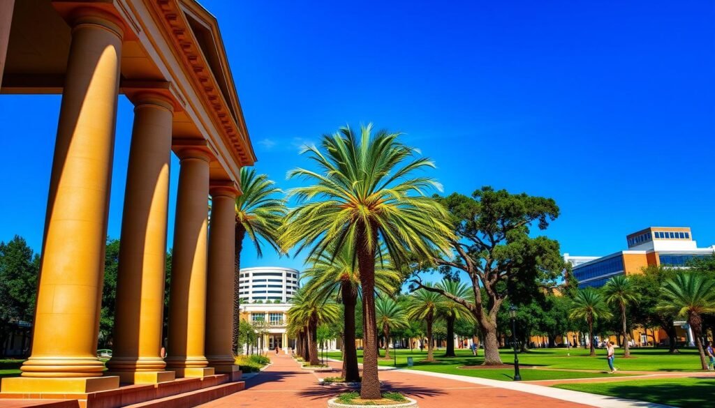 A vibrant campus nestled in the heart of Gainesville, Florida, the University of Florida stands tall against a clear blue sky. The iconic Doric columns of the Tigert Hall Administration Building grace the foreground, their warm limestone gleaming under the Florida sun. In the middle ground, lush palm trees sway gently, their fronds casting dancing shadows across the brick-paved walkways. Beyond, modern academic buildings and research facilities rise up, blending seamlessly with the verdant, oak-shaded lawns that define this prestigious institution. The entire scene exudes a sense of academic excellence, intellectual curiosity, and the unique charm of a quintessential college town.