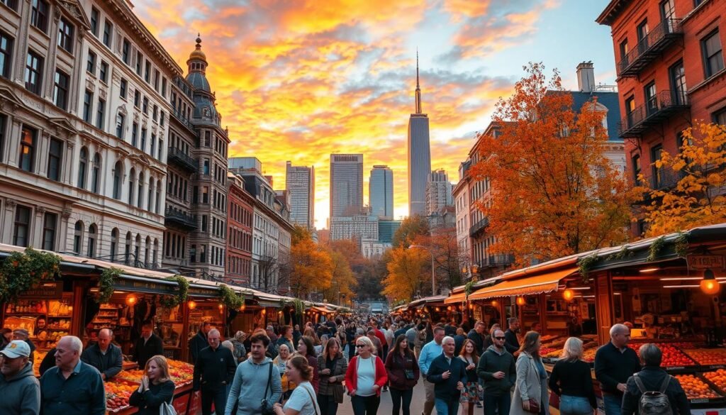 A vibrant city in the throes of autumn, its streets lined with stalls showcasing an array of seasonal delights. In the foreground, a bustling outdoor market overflows with colorful produce, artisanal crafts, and the tantalizing aromas of freshly prepared local cuisine. Clusters of people meander through the lively scene, their faces aglow with the warm, golden light of the setting sun. In the middle ground, historic buildings with intricate facades stand as a backdrop, their windows reflecting the festive atmosphere. Behind them, a silhouette of skyscrapers reaches up into a sky ablaze with vibrant hues of orange, red, and yellow, creating a breathtaking autumn cityscape.