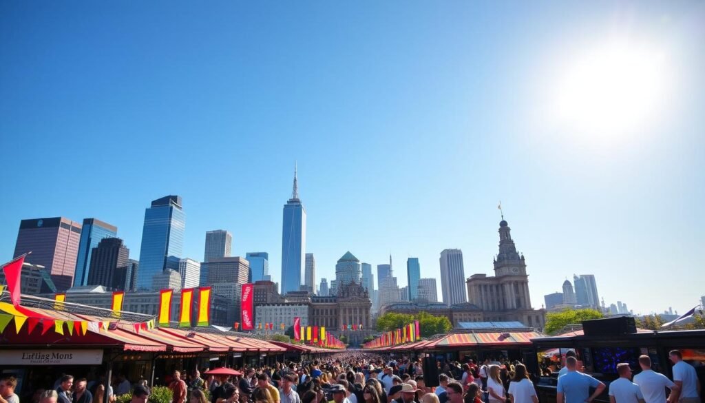 A vibrant city skyline basking in the warm glow of the May sun. Towering skyscrapers and historic landmarks intertwined, creating a captivating silhouette against a clear, azure sky. In the bustling streets below, colorful flags and banners flutter, heralding the arrival of lively festivals. Crowds of people spill out of lively cafes and music venues, the air alive with the sounds of laughter, chatter, and the rhythmic beat of live performances. A sense of energy and celebration permeates the scene, inviting the viewer to immerse themselves in the city's festive spirit.