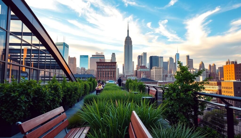 A vibrant cityscape along the elevated High Line in New York City, capturing the urban charm of Chelsea. In the foreground, verdant greenery and wooden benches invite pedestrians to pause and admire the views. The middle ground showcases the iconic architecture of the High Line, with its sleek steel and glass structures framing the scene. In the background, the towering skyscrapers of Manhattan's skyline rise majestically, bathed in warm, golden light filtering through wispy clouds. A sense of tranquility and connection with nature pervades the urban environment, creating a harmonious and visually captivating experience. A vibrant cityscape along the elevated High Line in New York City, capturing the urban charm of Chelsea. In the foreground, verdant greenery and wooden benches invite pedestrians to pause and admire the views. The middle ground showcases the iconic architecture of the High Line, with its sleek steel and glass structures framing the scene. In the background, the towering skyscrapers of Manhattan's skyline rise majestically, bathed in warm, golden light filtering through wispy clouds. A sense of tranquility and connection with nature pervades the urban environment, creating a harmonious and visually captivating experience.