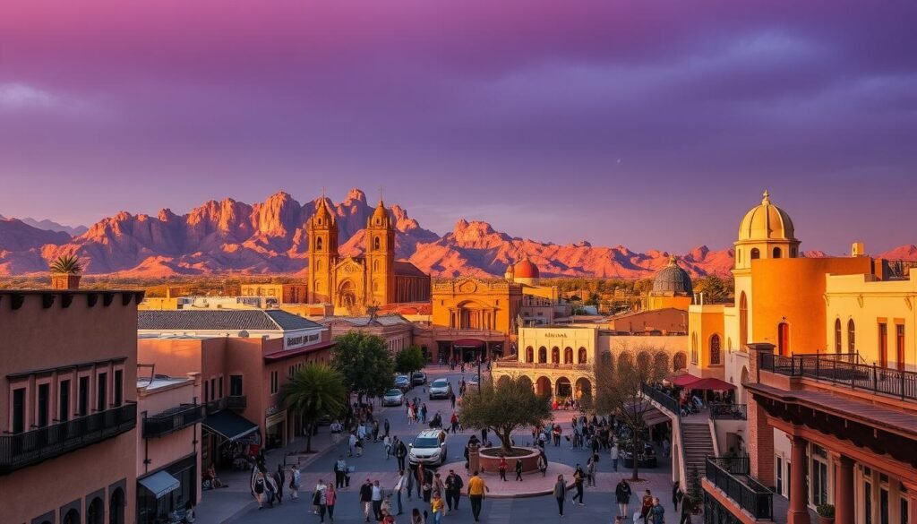 A vibrant cityscape featuring Arizona's cultural hotspots, captured in a warm, golden hour glow. In the foreground, bustling city streets lined with adobe-style architecture, adobe walls, and wrought-iron balconies. In the middle ground, towering adobe churches and museums with distinctive Southwestern flair. In the background, majestic mountain ranges with dramatic rock formations silhouetted against a hazy, indigo sky. The scene exudes a sense of timeless heritage, with people of all ages strolling through plazas and courtyards, soaking in the rich history and vibrant artistic energy of the region.