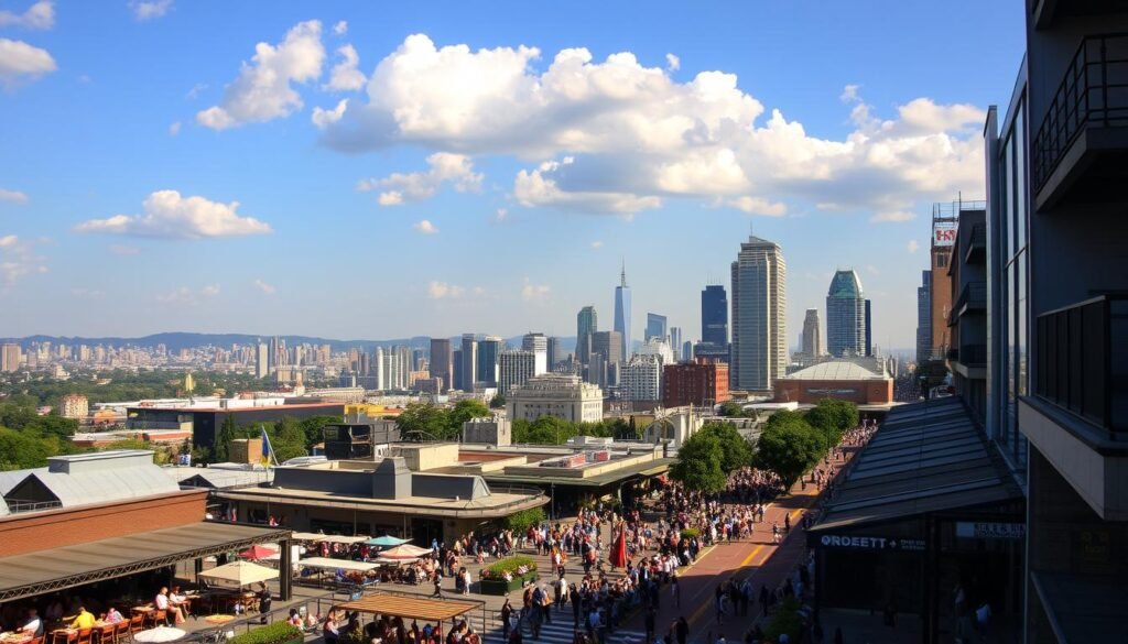 A vibrant cityscape in the warmth of summer. In the foreground, bustling city streets filled with people enjoying the long daylight hours - lively outdoor cafes, street performers, and crowds gathered for a summer festival. The middle ground features towering skyscrapers and iconic landmarks bathed in golden-hour light. In the background, a hazy skyline stretches out under a deep blue sky, punctuated by fluffy white clouds. The scene is alive with energy, color, and the carefree spirit of the summer season. A vibrant cityscape in the warmth of summer. In the foreground, bustling city streets filled with people enjoying the long daylight hours - lively outdoor cafes, street performers, and crowds gathered for a summer festival. The middle ground features towering skyscrapers and iconic landmarks bathed in golden-hour light. In the background, a hazy skyline stretches out under a deep blue sky, punctuated by fluffy white clouds. The scene is alive with energy, color, and the carefree spirit of the summer season.