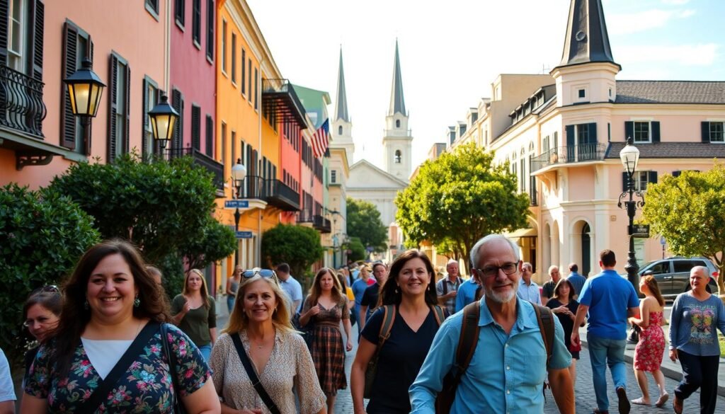 A vibrant cityscape of Charleston, South Carolina, showcasing the historic district's charming streets. In the foreground, a group of tourists embark on a guided walking tour, their expressions alight with curiosity as they explore the city's iconic architecture and verdant public squares. The middle ground features quaint cobblestone lanes flanked by pastel-hued colonial-style buildings, their ornate ironwork balconies and gas lamps casting a warm, inviting glow. In the background, the steeples and spires of historic churches rise majestically against a clear, sun-dappled sky. The overall scene evokes a sense of timeless elegance and the rich cultural heritage of this quintessential Southern city.