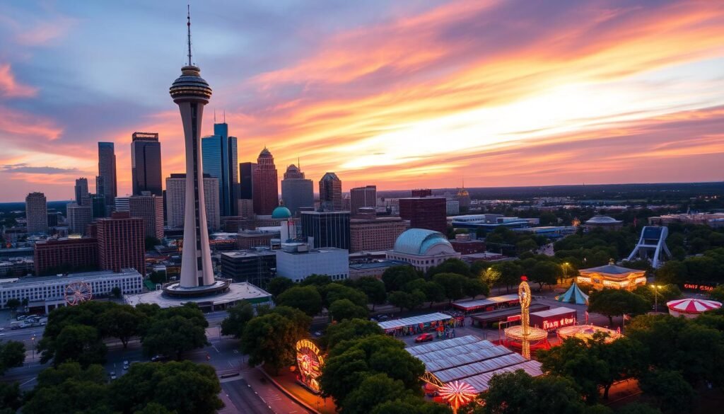 A vibrant cityscape of Dallas, Texas, with the iconic Reunion Tower glowing in the foreground, surrounded by a bustling urban landscape of skyscrapers and modern architecture. In the middle ground, the historic Texas State Fair grounds come to life, with ferris wheels and carnival rides against a backdrop of lush green trees. The sky is painted in warm hues of orange and pink, capturing the magic of a sunset over this dynamic city. A sense of energy and excitement permeates the scene, inviting the viewer to explore the best that Dallas has to offer.
