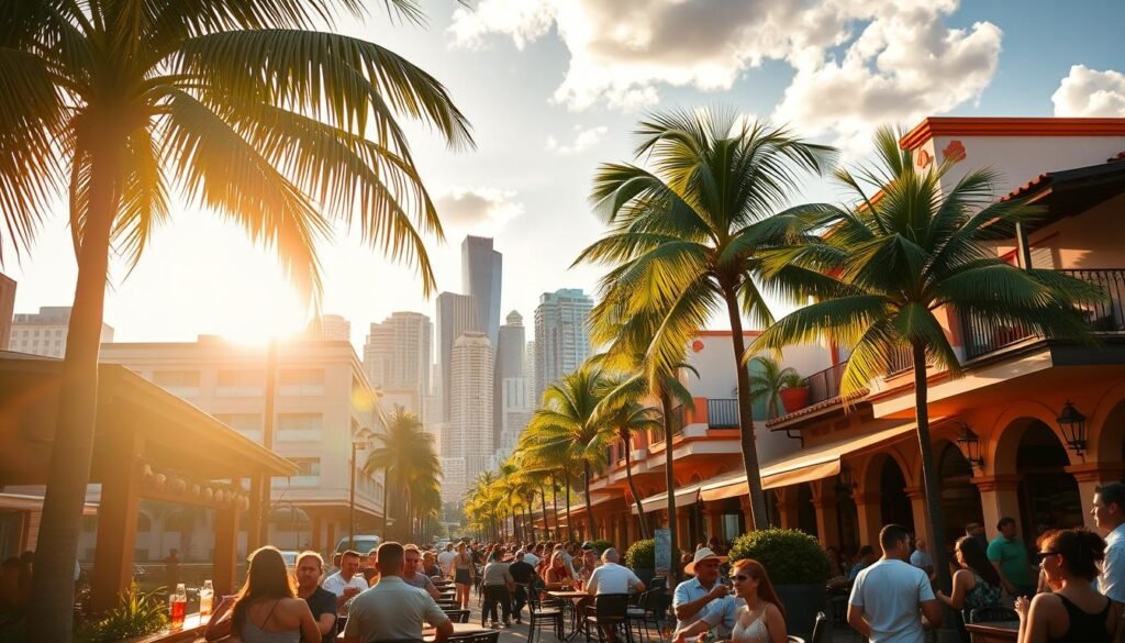 A vibrant cityscape of Miami and Fort Lauderdale, bathed in warm, golden sunlight. In the foreground, a lively outdoor cafe bustles with people enjoying traditional Latin American cuisine and cocktails. The middle ground features palm trees swaying gently, and colorful Spanish-influenced architecture lining the streets. In the background, the iconic skylines of both cities rise up, a mix of sleek modern highrises and historic buildings. The atmosphere is one of energy, diversity, and a palpable sense of Latin American culture and hospitality.