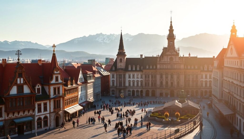 A vibrant cityscape of Munich, bathed in warm, golden sunlight. In the foreground, charming Bavarian architecture adorns the historic city center, with intricate spires and ornate facades. In the middle ground, people stroll along cobblestone streets, pausing to admire the iconic Marienplatz and its imposing New Town Hall. In the background, the majestic silhouette of the Bavarian Alps rises, providing a breathtaking natural backdrop. The scene exudes a sense of timeless elegance and modern vibrancy, capturing the essence of the city's best attractions and activities.