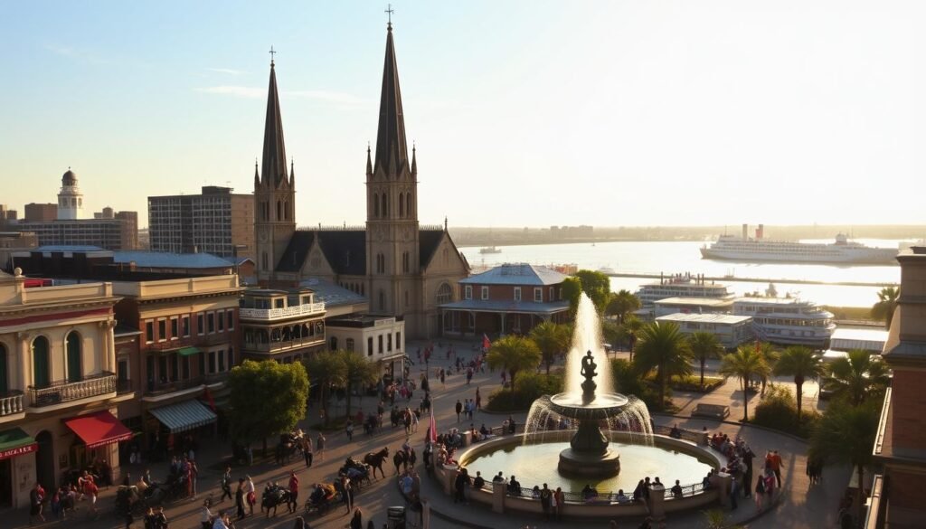 A vibrant cityscape of New Orleans, Louisiana, captured under a warm, golden-hour sky. In the foreground, a bustling street scene with historic buildings, horse-drawn carriages, and lively pedestrians. The iconic St. Louis Cathedral stands tall in the middle ground, its towering spires and intricate architecture reflected in a nearby fountain. In the background, the mighty Mississippi River flows gently, with paddle steamers and riverboats dotting the waterway. The scene exudes the lively, cultural atmosphere of the "Big Easy," inviting the viewer to explore its unique history and charm.
