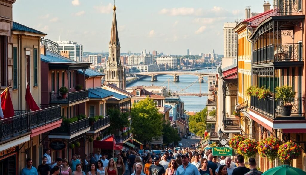A vibrant cityscape of New Orleans, Louisiana in the spring. In the foreground, lively crowds stroll down the iconic Bourbon Street, with its colorful architecture, lively music, and soulful energy. The middle ground features the historic French Quarter, with its wrought-iron balconies, cobblestone streets, and the towering St. Louis Cathedral. In the background, the mighty Mississippi River winds its way through the city, with the Crescent City Connection bridge spanning its waters. The scene is bathed in warm, golden light, capturing the soulful spirit of this city after the excitement of Mardi Gras has passed.