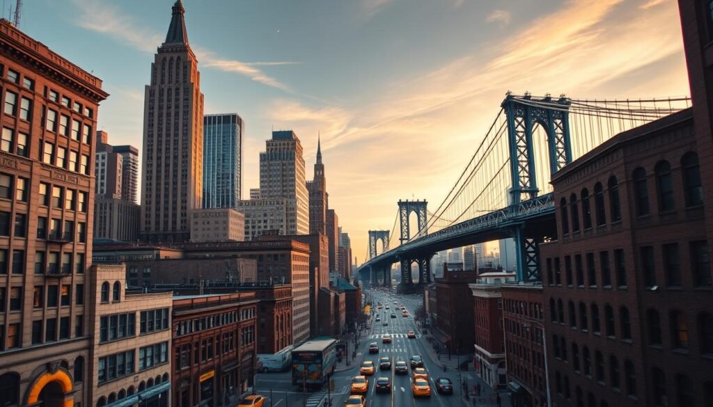 A vibrant cityscape of New York City's iconic landmarks, captured with a cinematic wide-angle lens. In the foreground, the towering Art Deco skyscrapers of the Financial District, including the Empire State Building and the Chrysler Building, stand tall and proud. In the middle ground, the historic streets of Lower Manhattan wind between these architectural marvels, bustling with pedestrians and yellow cabs. In the background, the Brooklyn Bridge arches gracefully across the East River, its suspension cables silhouetted against a sky painted in warm, golden hues as the sun sets over the city. The scene exudes a sense of energy, dynamism, and the timeless allure of the Big Apple.