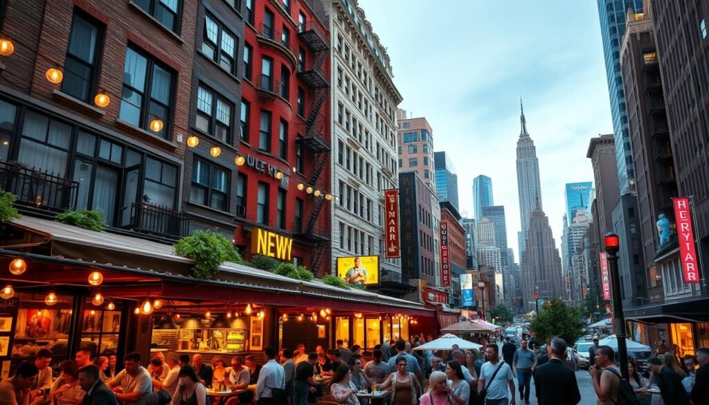 A vibrant cityscape of New York's bustling restaurant scene, featuring a diverse array of eateries from casual street food to upscale fine dining establishments. The foreground showcases the vibrant energy of a crowded outdoor dining area, with people enjoying a variety of cuisines al fresco under the warm glow of string lights. The middle ground reveals the iconic architecture of iconic New York buildings, while the background is filled with the towering skyscrapers that define the city's skyline. The lighting is a harmonious blend of natural daylight and the soft, inviting ambiance of the restaurants, creating a cozy and inviting atmosphere. The scene conveys the rich culinary heritage and diverse dining experiences that make New York a top destination for food lovers. A vibrant cityscape of New York's bustling restaurant scene, featuring a diverse array of eateries from casual street food to upscale fine dining establishments. The foreground showcases the vibrant energy of a crowded outdoor dining area, with people enjoying a variety of cuisines al fresco under the warm glow of string lights. The middle ground reveals the iconic architecture of iconic New York buildings, while the background is filled with the towering skyscrapers that define the city's skyline. The lighting is a harmonious blend of natural daylight and the soft, inviting ambiance of the restaurants, creating a cozy and inviting atmosphere. The scene conveys the rich culinary heritage and diverse dining experiences that make New York a top destination for food lovers.