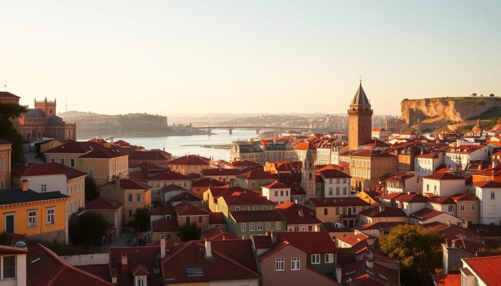 A vibrant cityscape of Portugal's most iconic destinations, bathed in warm, golden light. In the foreground, the historic architecture of Lisbon's Alfama district, with its winding cobblestone streets and colorful buildings. In the middle ground, the towering spires of the Jerónimos Monastery and the Belém Tower, reflected in the calm waters of the Tagus River. In the background, the rugged cliffs and rolling hills of the Portuguese countryside, creating a stunning panoramic view. The scene is captured through a wide-angle lens, with a slightly low perspective to emphasize the grandeur and scale of the city's landmarks. The overall mood is one of awe and wonder, inviting the viewer to explore the rich history and natural beauty of this captivating country.