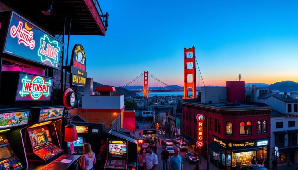A vibrant cityscape of San Francisco, captured with a wide-angle lens to showcase the bustling energy of the city. In the foreground, a vibrant arcade bar with neon lights and retro gaming cabinets, inviting visitors to challenge their skills. In the middle ground, an immersive escape room experience, where groups work together to solve intricate puzzles and challenges. In the background, the iconic Golden Gate Bridge and the hilly streets of the city, illuminated by the warm glow of a setting sun, creating a sense of adventure and excitement. The overall atmosphere is one of playful exploration, where families and friends can discover a diverse range of interactive entertainment options. A vibrant cityscape of San Francisco, captured with a wide-angle lens to showcase the bustling energy of the city. In the foreground, a vibrant arcade bar with neon lights and retro gaming cabinets, inviting visitors to challenge their skills. In the middle ground, an immersive escape room experience, where groups work together to solve intricate puzzles and challenges. In the background, the iconic Golden Gate Bridge and the hilly streets of the city, illuminated by the warm glow of a setting sun, creating a sense of adventure and excitement. The overall atmosphere is one of playful exploration, where families and friends can discover a diverse range of interactive entertainment options.