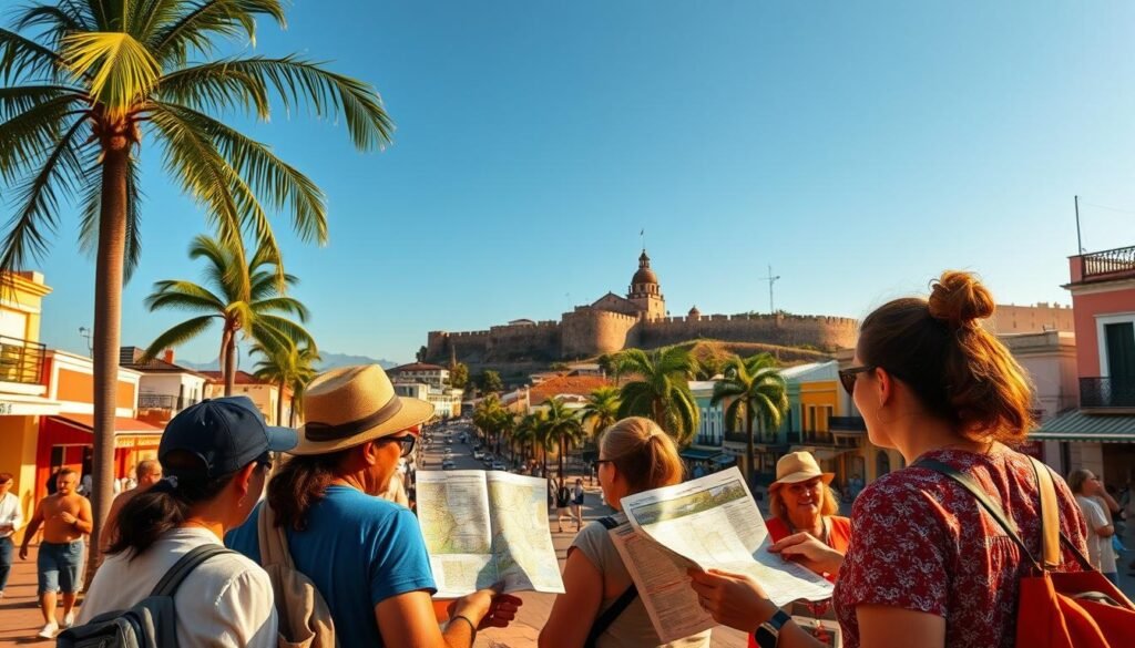 A vibrant cityscape of San Juan, Puerto Rico, bathed in warm, golden afternoon light. In the foreground, a group of locals and tourists confer over travel maps and guidebooks, planning their island adventures. The middle ground reveals bustling streets lined with colorful colonial-style buildings, palm trees swaying gently. In the distance, the iconic El Morro fortress stands proud against a clear, azure sky. The scene evokes a sense of anticipation and excitement for the journey ahead, with attention to the practical details of transportation, logistics, and the ideal time to visit this enchanting Caribbean destination. A vibrant cityscape of San Juan, Puerto Rico, bathed in warm, golden afternoon light. In the foreground, a group of locals and tourists confer over travel maps and guidebooks, planning their island adventures. The middle ground reveals bustling streets lined with colorful colonial-style buildings, palm trees swaying gently. In the distance, the iconic El Morro fortress stands proud against a clear, azure sky. The scene evokes a sense of anticipation and excitement for the journey ahead, with attention to the practical details of transportation, logistics, and the ideal time to visit this enchanting Caribbean destination.