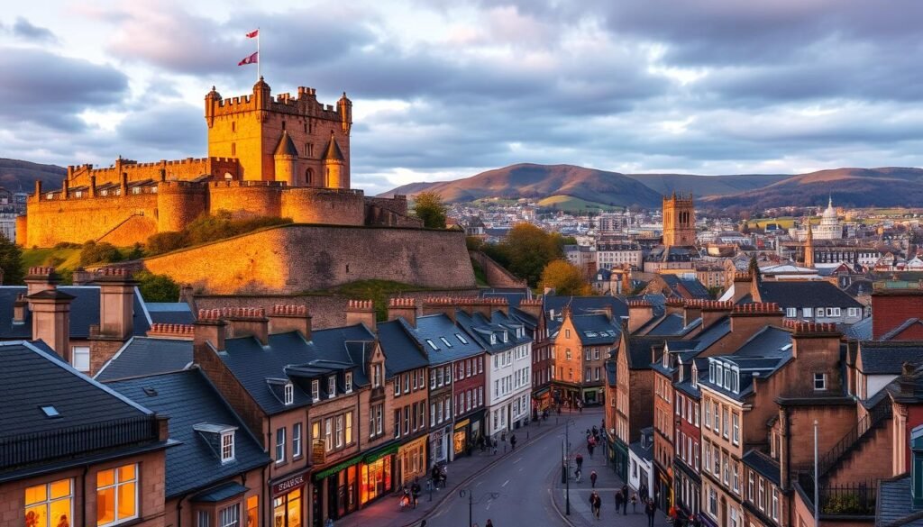 A vibrant cityscape of iconic landmarks and bustling streets in Edinburgh, Scotland. In the foreground, the majestic castle towers above the historic old town, its stone walls and turrets illuminated by warm, golden lighting. In the middle ground, the winding cobblestone streets are lined with colorful Georgian townhouses, quaint cafes, and independent shops. In the background, the dramatic, rolling hills of the Scottish countryside provide a picturesque backdrop. The scene conveys a sense of timeless charm, historic significance, and a lively, energetic atmosphere. Captured through a wide-angle lens to showcase the grand scale and seamless integration of the city's architecture and natural landscapes.