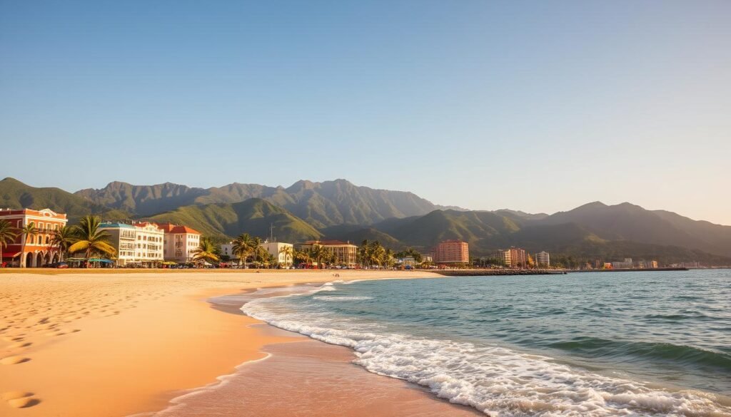 A vibrant coastal landscape in Puerto Vallarta, Mexico. In the foreground, a sun-drenched beach with soft, golden sand and gently lapping waves. In the middle ground, colorful buildings and palm trees line the seaside promenade. In the background, lush, green mountains rise up, their peaks shrouded in a soft, hazy mist. Warm, golden sunlight bathes the entire scene, creating a serene and inviting atmosphere. The composition captures the essence of a perfect day trip, with a balance of natural beauty and charming urban elements. Captured with a wide-angle lens to showcase the expansive scenery, the image conveys the adventurous and picturesque nature of exploring the surroundings of Puerto Vallarta. A vibrant coastal landscape in Puerto Vallarta, Mexico. In the foreground, a sun-drenched beach with soft, golden sand and gently lapping waves. In the middle ground, colorful buildings and palm trees line the seaside promenade. In the background, lush, green mountains rise up, their peaks shrouded in a soft, hazy mist. Warm, golden sunlight bathes the entire scene, creating a serene and inviting atmosphere. The composition captures the essence of a perfect day trip, with a balance of natural beauty and charming urban elements. Captured with a wide-angle lens to showcase the expansive scenery, the image conveys the adventurous and picturesque nature of exploring the surroundings of Puerto Vallarta.