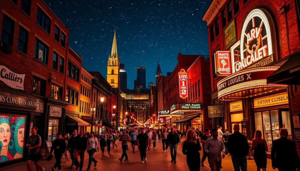 A vibrant downtown nightscape, bustling with art galleries, live music venues, and lively bars. In the foreground, people stroll along cobblestone streets, pausing to admire the colorful murals and sculptures adorning the historic brick buildings. The middle ground features the neon-lit facades of trendy cocktail lounges and indie theaters, their warm glow reflecting off the water of a nearby harbor. In the background, the silhouettes of church steeples and modern high-rises create a striking skyline against a starry night sky, illuminated by the warm glow of streetlamps and the flashes of camera shutters. The overall atmosphere is one of creative energy, cultural diversity, and a lively nightlife scene. A vibrant downtown nightscape, bustling with art galleries, live music venues, and lively bars. In the foreground, people stroll along cobblestone streets, pausing to admire the colorful murals and sculptures adorning the historic brick buildings. The middle ground features the neon-lit facades of trendy cocktail lounges and indie theaters, their warm glow reflecting off the water of a nearby harbor. In the background, the silhouettes of church steeples and modern high-rises create a striking skyline against a starry night sky, illuminated by the warm glow of streetlamps and the flashes of camera shutters. The overall atmosphere is one of creative energy, cultural diversity, and a lively nightlife scene.