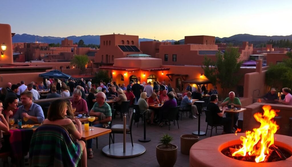 A vibrant evening scene in the heart of Santa Fe, New Mexico. In the foreground, a lively outdoor dining area with cozy tables and chairs, adorned with colorful serapes and a firepit flickering warmly. Clusters of locals and tourists savor spicy margaritas and Chile-infused dishes, the aroma of roasted chiles and sizzling fajitas wafting through the air. In the middle ground, the iconic adobe architecture of Santa Fe's historic district, with its distinctive Pueblo-style design and warm, earthy tones. The background is illuminated by the setting sun, casting a golden glow over the scene and the distant Sangre de Cristo mountains. An atmosphere of conviviality, culture, and culinary delight pervades the "Eat & Drink Santa Fe" experience. A vibrant evening scene in the heart of Santa Fe, New Mexico. In the foreground, a lively outdoor dining area with cozy tables and chairs, adorned with colorful serapes and a firepit flickering warmly. Clusters of locals and tourists savor spicy margaritas and Chile-infused dishes, the aroma of roasted chiles and sizzling fajitas wafting through the air. In the middle ground, the iconic adobe architecture of Santa Fe's historic district, with its distinctive Pueblo-style design and warm, earthy tones. The background is illuminated by the setting sun, casting a golden glow over the scene and the distant Sangre de Cristo mountains. An atmosphere of conviviality, culture, and culinary delight pervades the "Eat & Drink Santa Fe" experience.