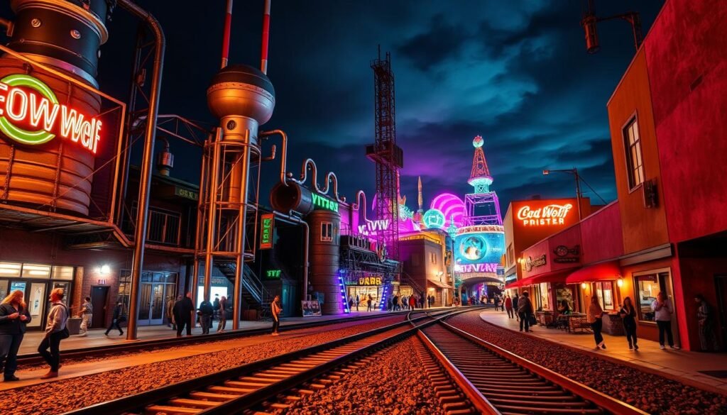A vibrant, futuristic urban landscape comes alive in the Railyard Arts District of Santa Fe, New Mexico. Capture the bold, imaginative spirit of Meow Wolf's immersive exhibition space, with its towering metallic structures, glowing neon lights, and surreal architectural elements. Showcase the juxtaposition of old and new, with the historic train tracks winding through the modern, industrial setting. Showcase the lively energy of the area, with visitors exploring the distinctive art installations and unique local businesses. Utilize a wide-angle lens to convey the grand scale and scope of this one-of-a-kind creative hub, bathed in warm, atmospheric lighting that highlights the vivid colors and textures. A vibrant, futuristic urban landscape comes alive in the Railyard Arts District of Santa Fe, New Mexico. Capture the bold, imaginative spirit of Meow Wolf's immersive exhibition space, with its towering metallic structures, glowing neon lights, and surreal architectural elements. Showcase the juxtaposition of old and new, with the historic train tracks winding through the modern, industrial setting. Showcase the lively energy of the area, with visitors exploring the distinctive art installations and unique local businesses. Utilize a wide-angle lens to convey the grand scale and scope of this one-of-a-kind creative hub, bathed in warm, atmospheric lighting that highlights the vivid colors and textures.