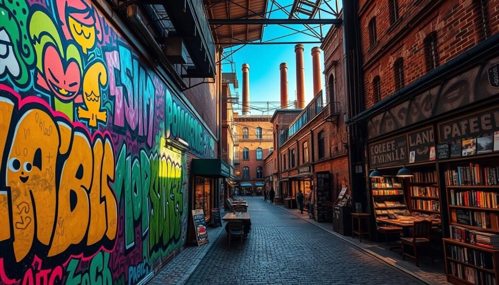 A vibrant, graffiti-covered wall in the LX Factory, Lisbon's thriving artistic hub. The foreground features bold, colorful murals with intricate patterns and whimsical characters. In the middle ground, quirky shops, cozy cafes, and independent bookstores line the cobblestone streets, creating a lively, creative atmosphere. The background showcases the industrial architecture of the former factory, with its exposed brick, metal beams, and towering chimneys bathed in warm, natural lighting. An energetic, urban scene that captures the essence of LX Factory's dynamic, artistic spirit.