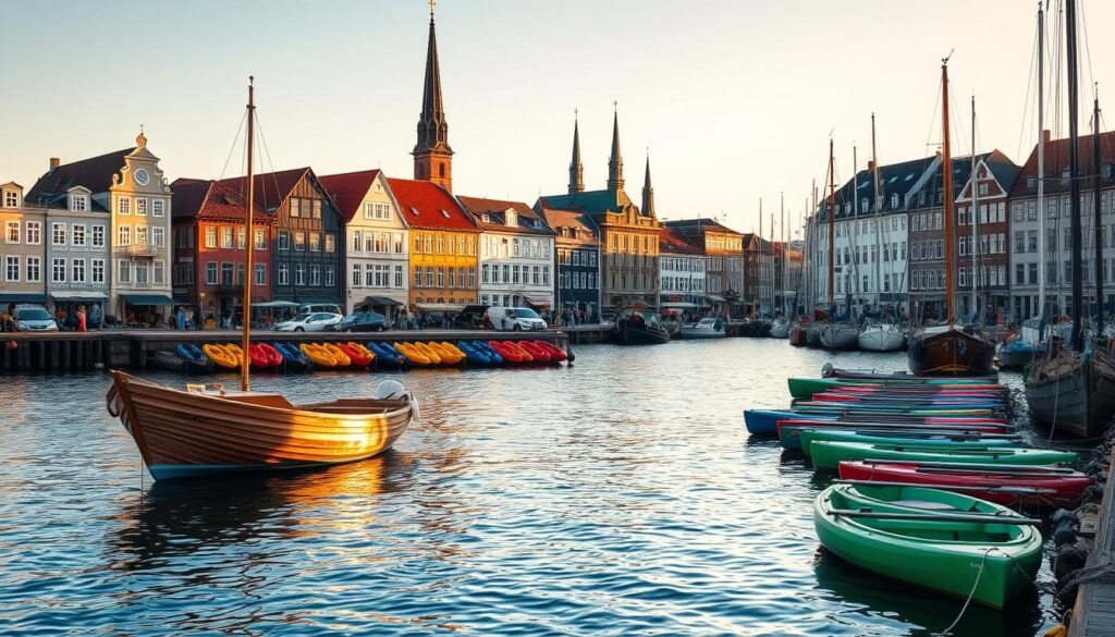 A vibrant harbor scene, bathed in golden afternoon light. In the foreground, a quaint wooden boat gently sways on the calm waters, its weathered hull reflecting the surrounding architecture. Rows of colorful kayaks and sailboats line the docks, inviting visitors to explore the harbor's tranquil waterways. In the middle ground, historic buildings with distinctive Danish design stand proudly, their facades adorned with intricate details. In the distance, the silhouettes of iconic landmarks, such as church spires and modern structures, punctuate the skyline, creating a harmonious blend of old and new. A serene atmosphere pervades the scene, capturing the essence of the harbor's laidback, yet captivating, "hygge" lifestyle.