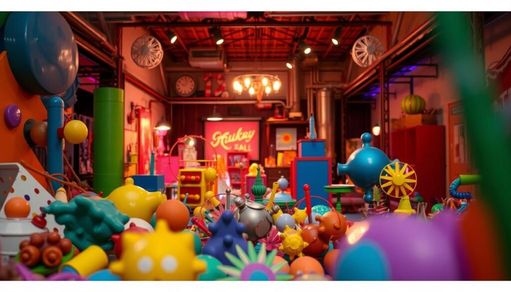 A vibrant, immersive art installation set within the whimsical Factory Obscura in Oklahoma City. In the foreground, a bold and abstract mix of shapes, colors, and textures draw the viewer in, inviting them to explore the tactile, interactive nature of the display. The middle ground features playful, kinetic elements that gently move and shift, casting dynamic shadows across the scene. In the background, a warm, diffused lighting illuminates the industrial-chic space, creating a cozy, inviting atmosphere. The overall mood is one of wonder, curiosity, and a sense of creative discovery, capturing the spirit of Oklahoma City's thriving arts community.